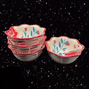 Blue Sky Ceramics Pedestal Scalloped Bowl Heather Goldminc Set 4 Painted Flowers